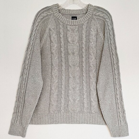 Gap Chunky Cable Knit Cotton Fisherman Sweater Gray XL Classic Preppy - Picture 1 of 6